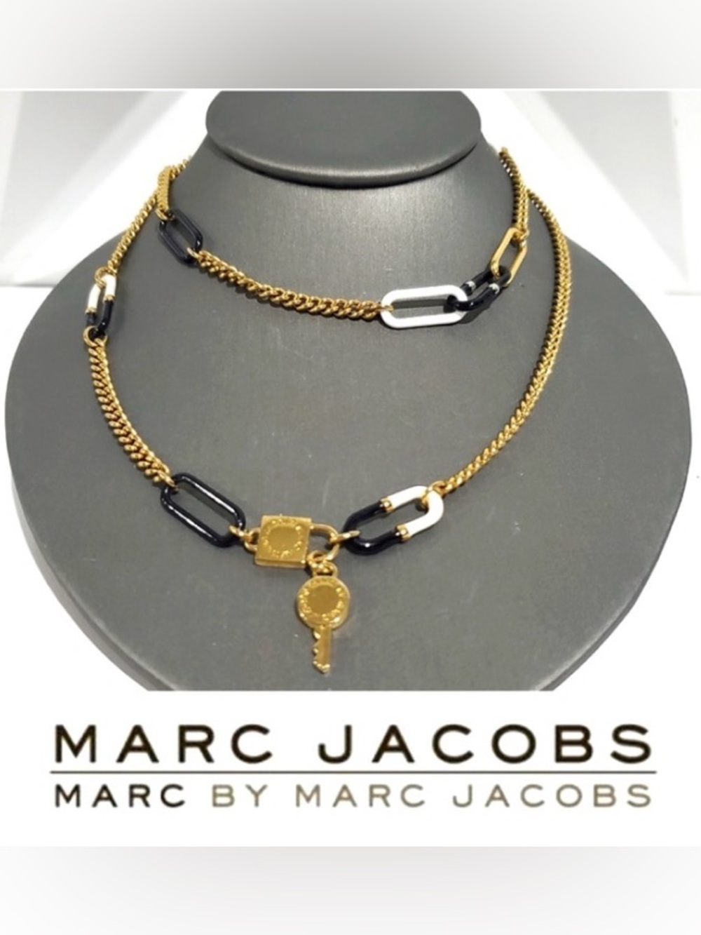 Marc Jacobs Gold Chain Necklace with Black & White Link Accents and Key Charm